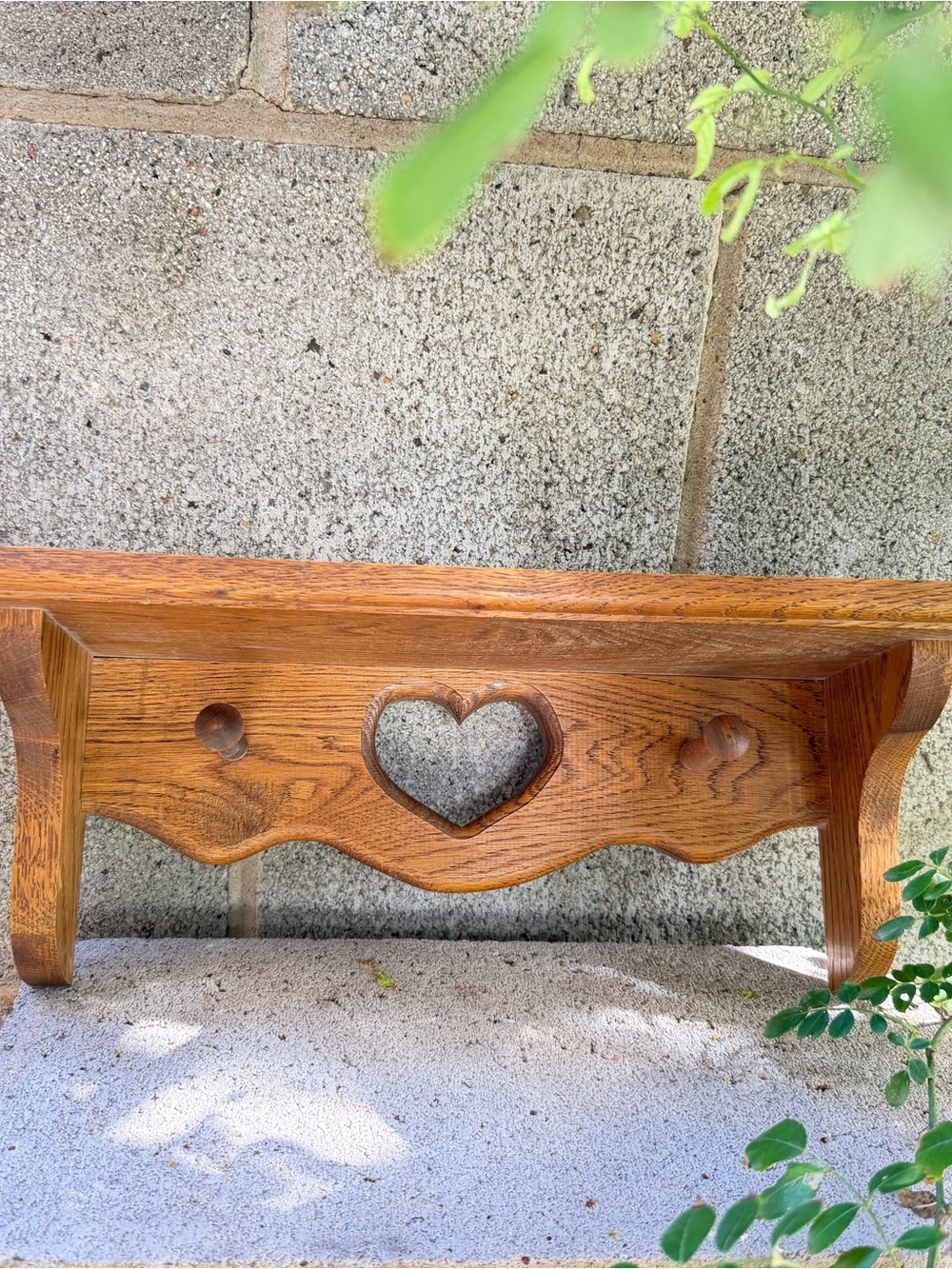 Vintage Solid Wooden Heart Wall Shelf - Brown with Two Pegs